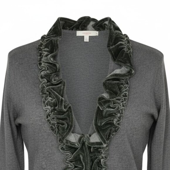 Dressbarn Collection Size L Gray Velvet Ruffle Trim Cropped Cardigan - Picture 4 of 5